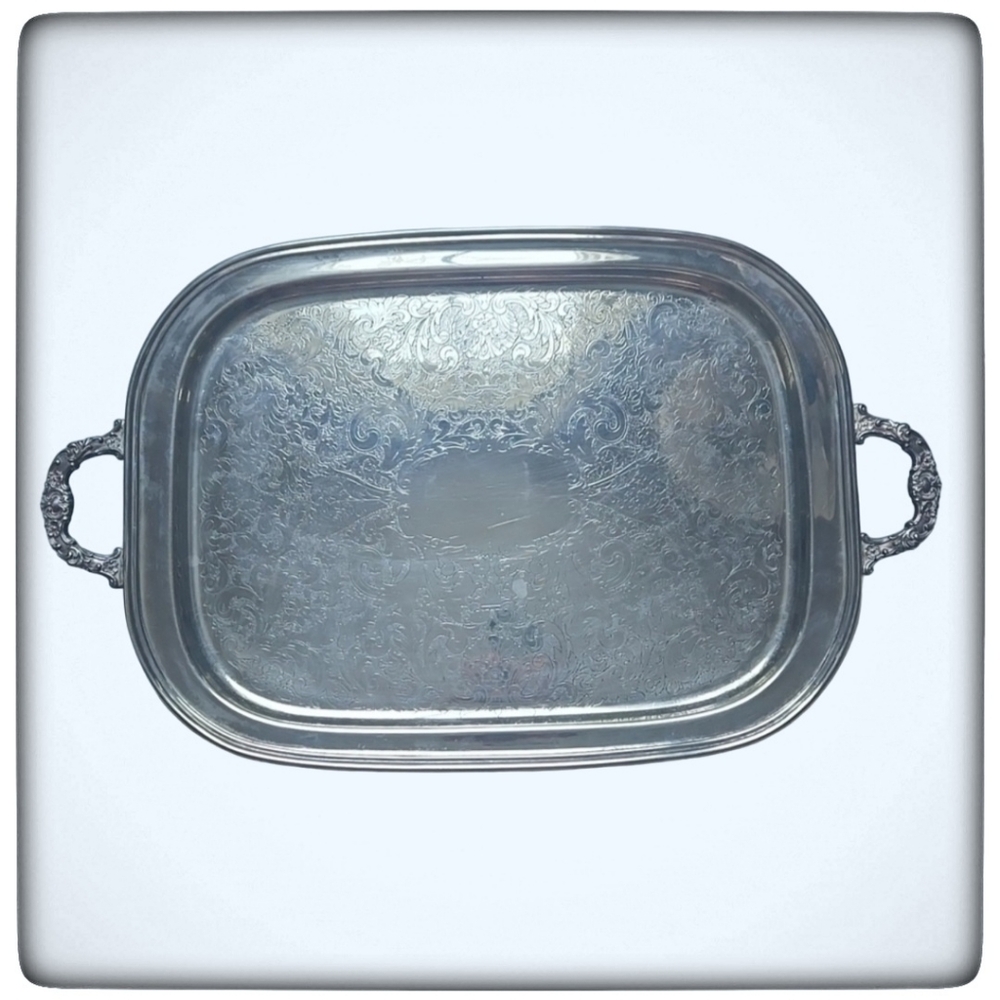 Vintage Silver Serving Dining Tray Plate with Side Handles & Legs-23" x 14"
